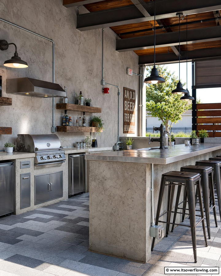 Industrial Style Stucco Kitchen with Metal Accents - 20 Stucco Outdoor Kitchen Ideas for Stylish Cooking