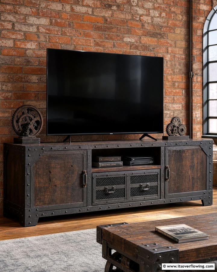 Industrial Style TV Stand with Metal Accents - 25 TV Stand Ideas to Complement Your Home Decor