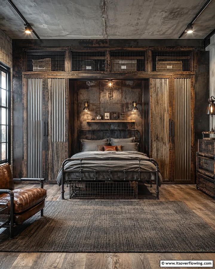 Industrial Style Wardrobe Integration - 30 Space-Saving Built-In Wardrobe Ideas Around Your Bed