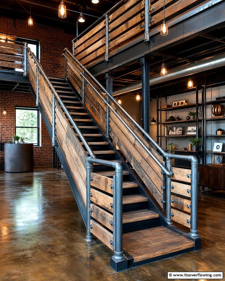 Industrial Style Wood Railing - 30 Wood Stair Railing Ideas for Warm Architectural Detail
