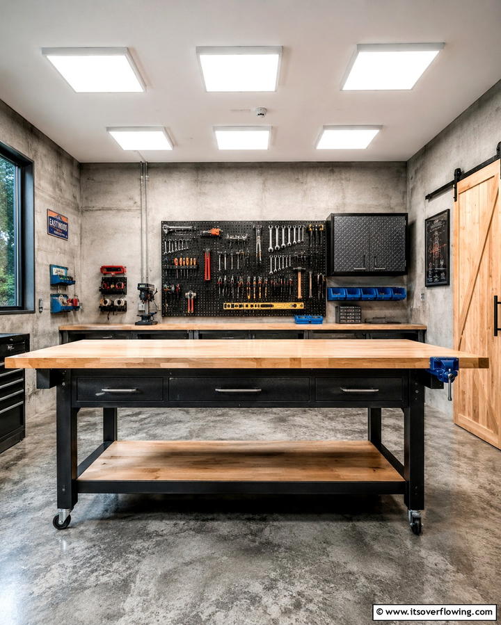 Industrial Style Workbench - 30 Functional Basement Furniture Ideas for Multi-Use Spaces