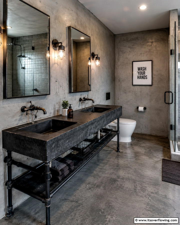 Industrial Style with Black Concrete Countertops - 30 Bathrooms with Black Countertops for Modern Elegance