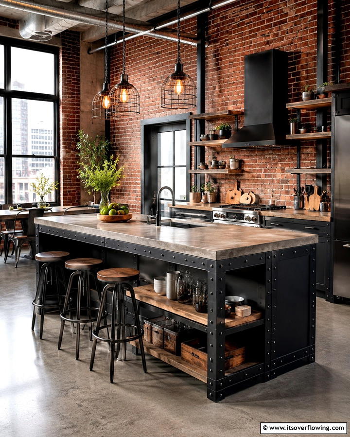 Industrial Style with Black Metal Details - 25 Sleek Black Kitchen Island Ideas for a Modern Kitchen