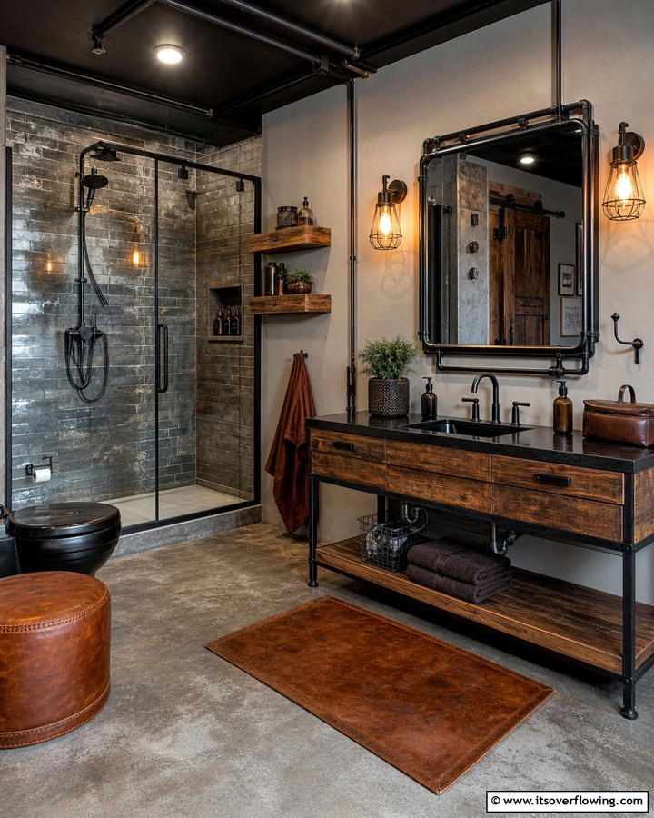 Industrial Style with Black and Brown - 20 Modern Brown and Black Bathroom Ideas for a Bold Design