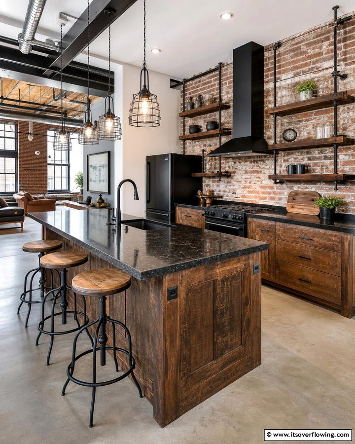 Industrial Style with Dark Accents - 20 Kitchen Ideas with Brown Cabinets and Black Countertops