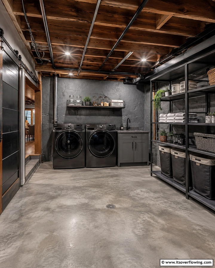 Industrial Style with Exposed Beams - 30 Basement Laundry Room Ideas for Functional Utility Spaces