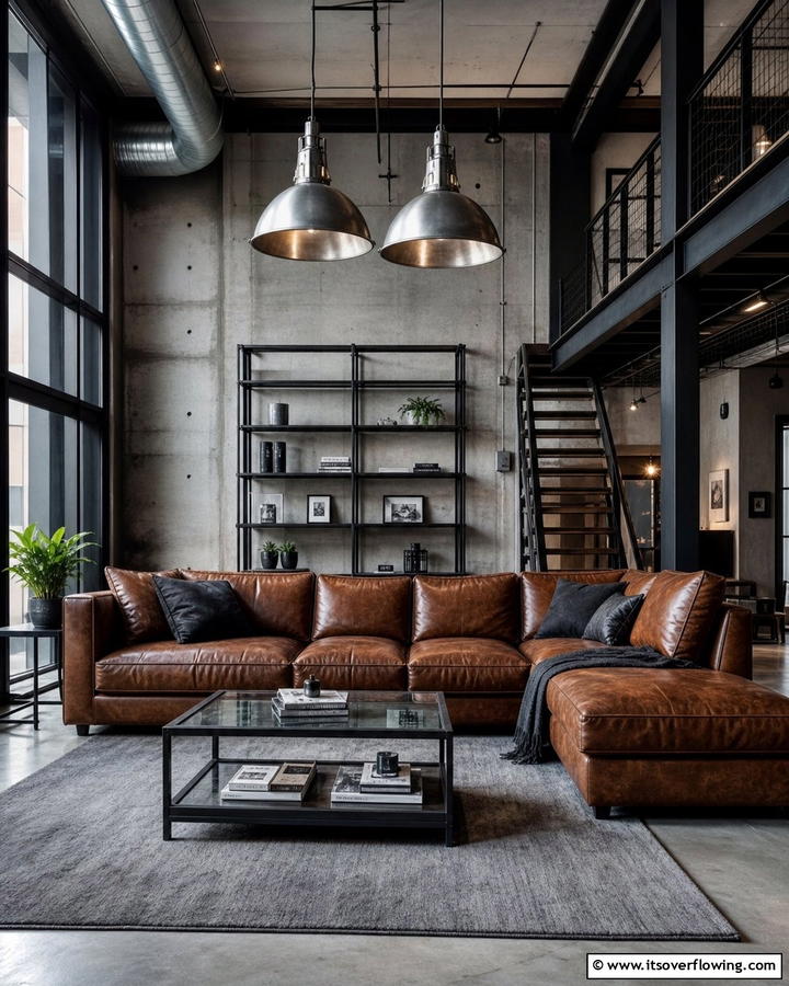 Industrial Style with Metallic Accents - 25 Brown Leather Couch Living Room Ideas