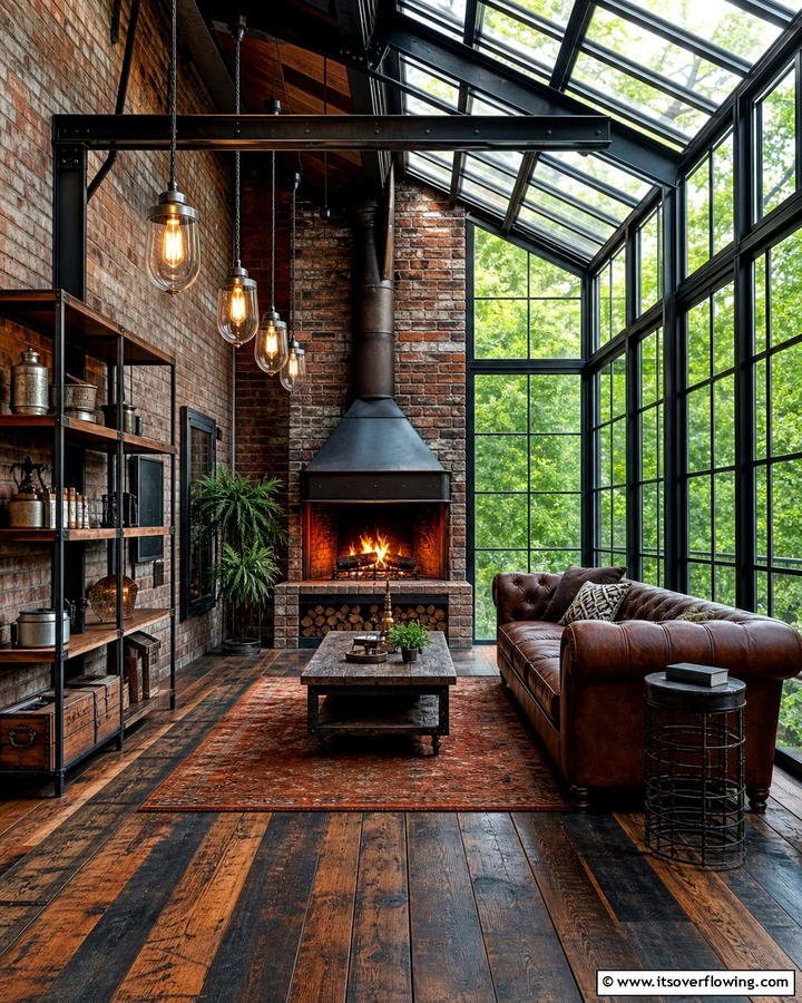 Industrial Sunroom with Retro Fireplace Flair - 30 Sunroom With Fireplace Ideas for Year-Round Comfort