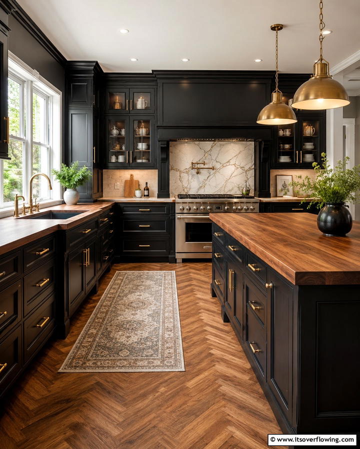 Industrial Touch with Metal Accents - 25 Kitchen With Black Cabinets And Wood Countertops Ideas