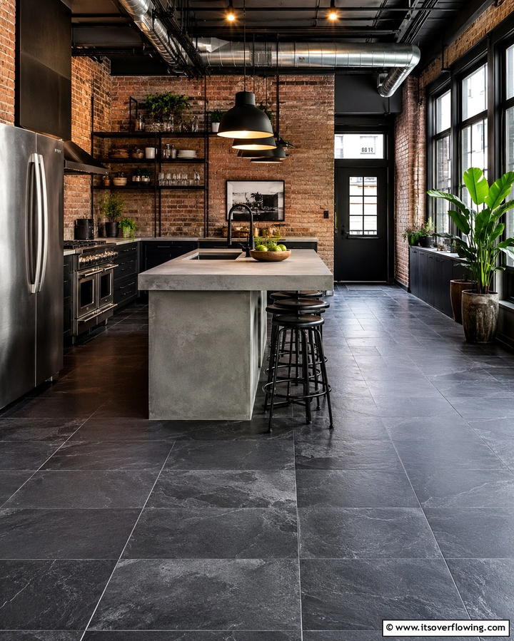 Industrial Vibes with Slate and Metal - 25 Kitchens With Slate Floors for a Durable and Stylish Look