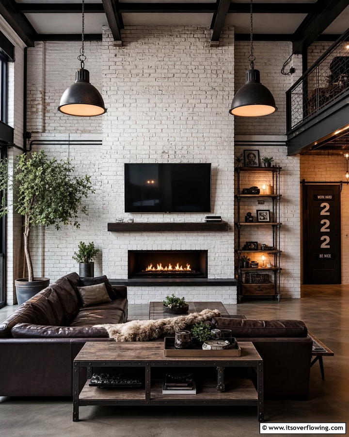 Industrial White Brick Statement - 30 White Brick Fireplace Ideas for Timeless Living Rooms