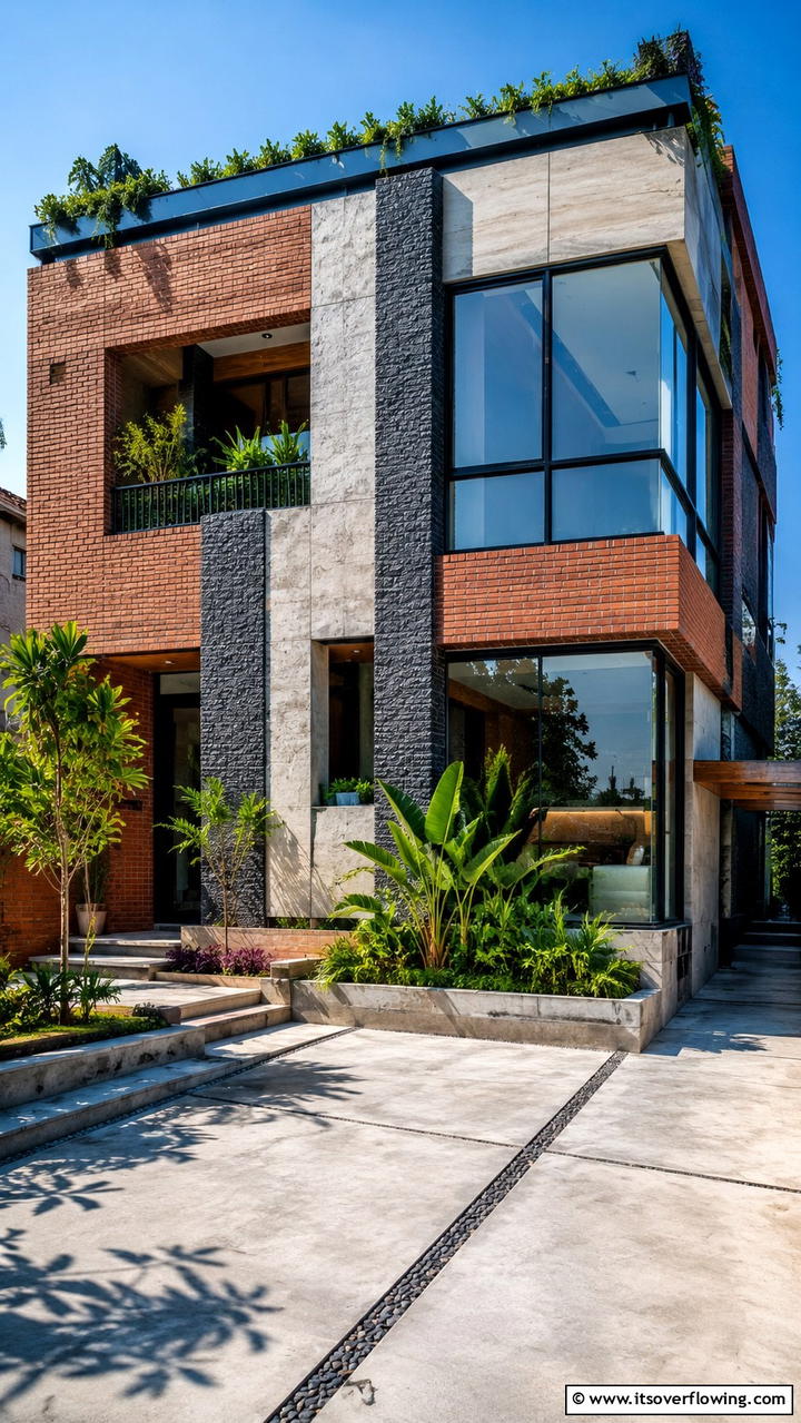 Innovative Brick Home with Mixed Stone Textures - 30 Brick Houses With Stone Accents- Exterior Design Inspiration