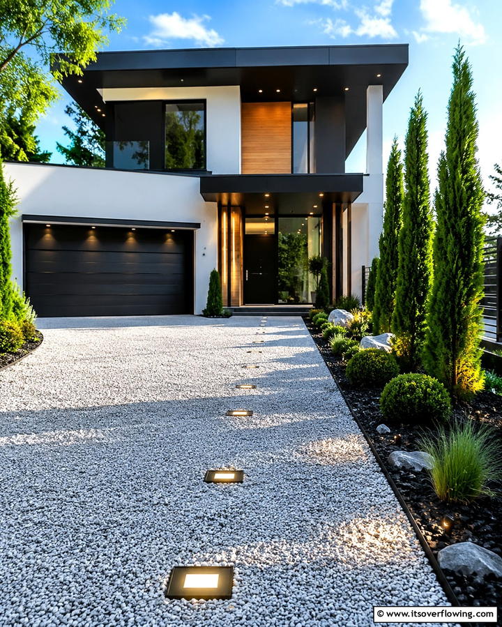 Innovative Gravel Design with Lighting - 30 Gravel Driveway Ideas- Durable & Stylish Options