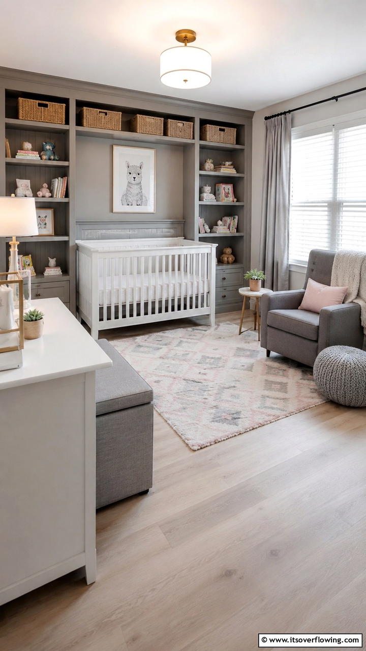 Innovative Grey Storage Solutions - 30 Grey Nursery Ideas- Calming & Modern Baby Room Designs