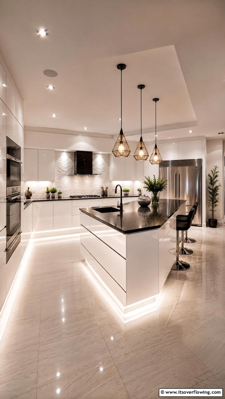 Innovative Lighting Effects - 21 White Kitchen with Black Countertops Design Ideas