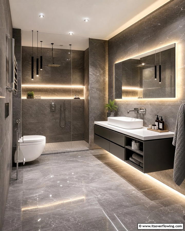 Innovative Lighting and Grey Accents - 21 Grey Tile Bathroom Ideas for Modern and Timeless Designs
