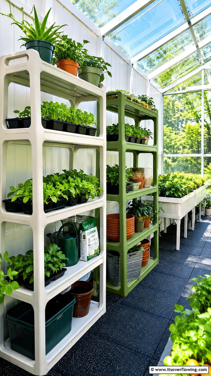 Innovative Recycled Plastic Shelves - 30 Greenhouse Shelving Ideas- Organized Plant Storage