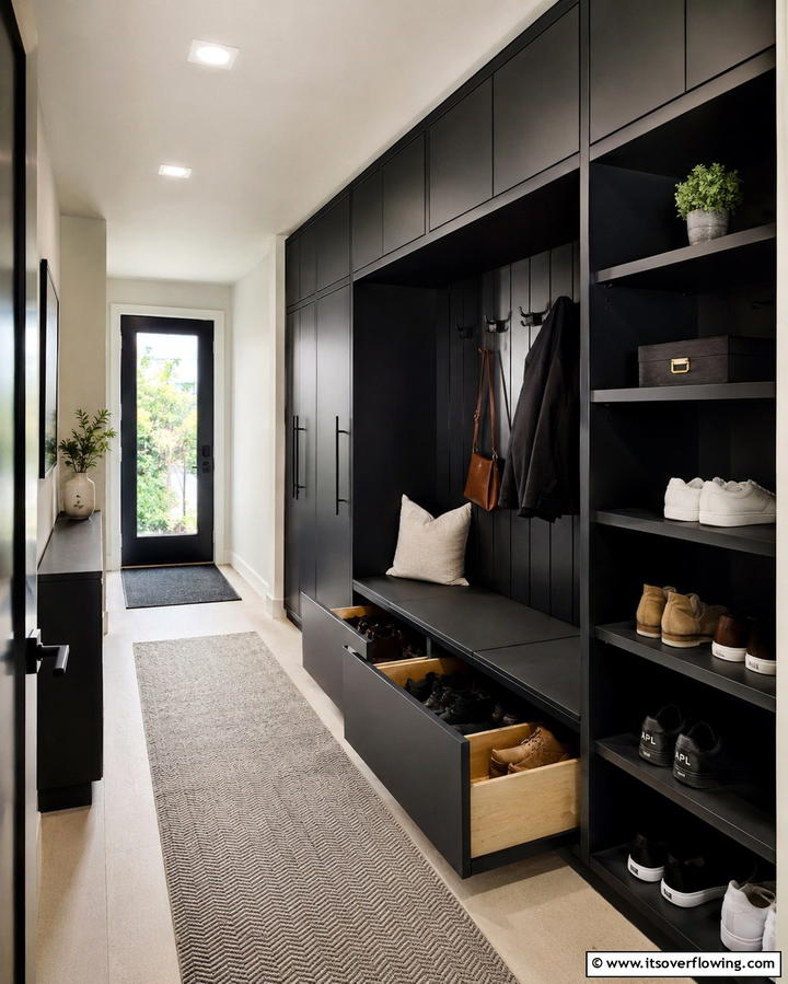 Innovative Storage Solutions - 30 Black Hallway Ideas for Dramatic and Sophisticated Spaces