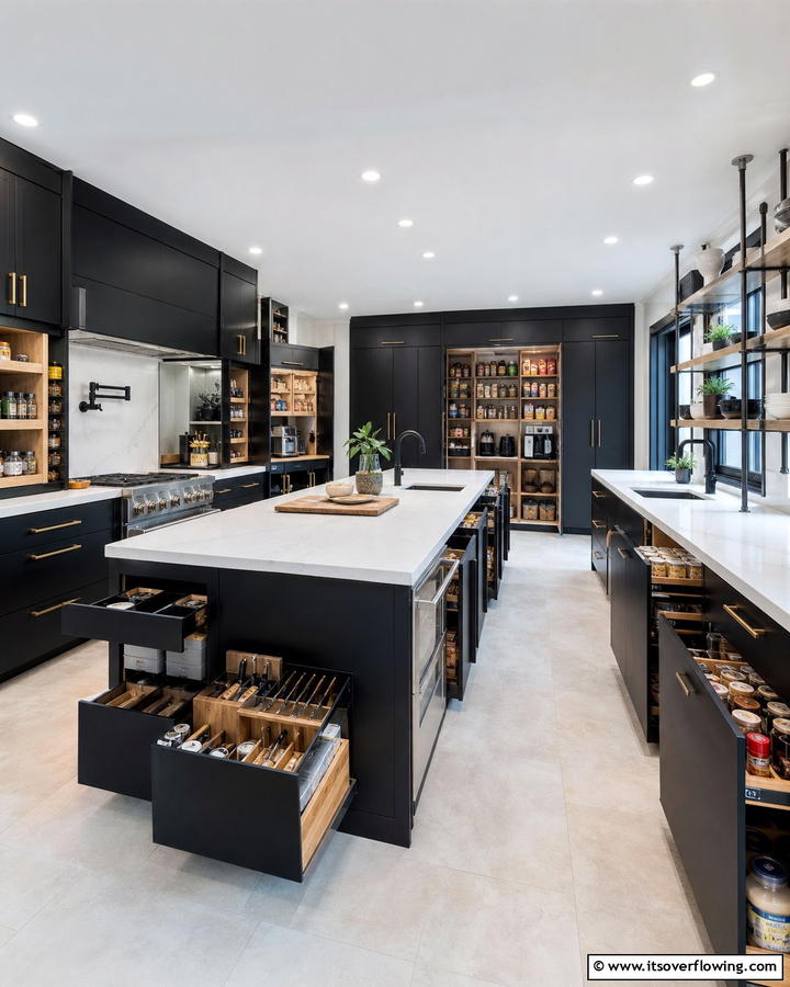 Innovative Storage Solutions - 21 Kitchens With Black Cabinets- Bold & Timeless Designs