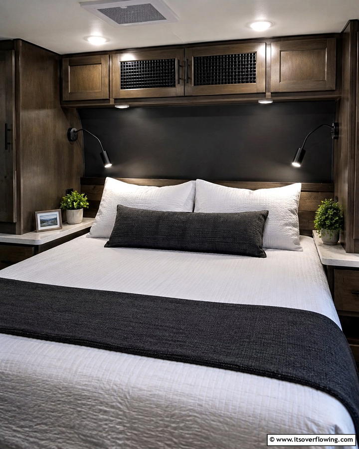 Install Adjustable Reading Lights - 25 RV Bedroom Ideas to Maximize Comfort on the Road
