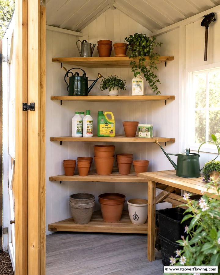 Install Corner Shelving Units - 25 Shed Organization Ideas to Declutter Your Outdoor Space