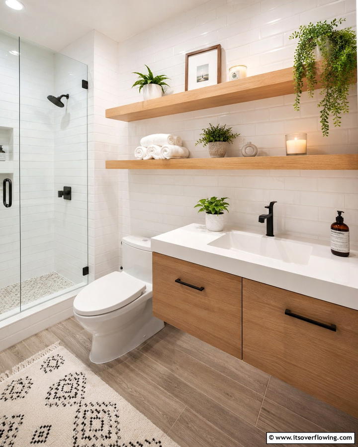 Install Floating Shelves - 25 Bathroom Staging Ideas to Sell Your Home Faster