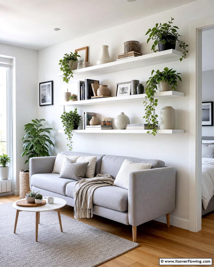 Install Floating Shelves - 25 Budget Apartment Living Room Ideas for Small Spaces