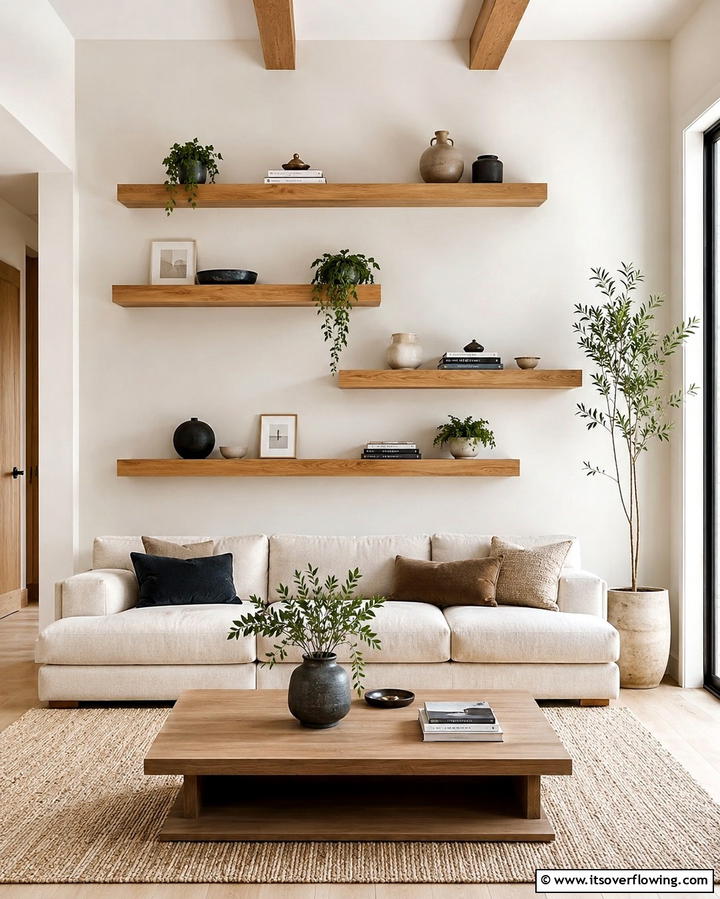 Install Floating Shelves - 25 Organic Modern Living Room Design Ideas