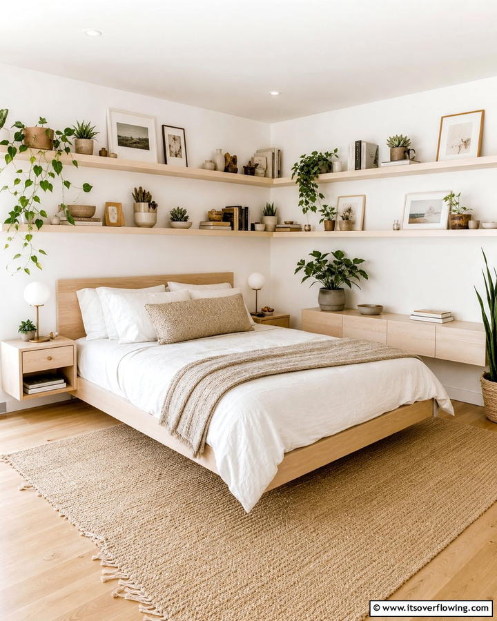Install Floating Shelves for Display and Storage - 20 L-shaped Bedroom Layout Ideas for Optimal Space Use