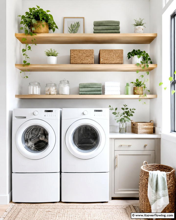 Install Floating Shelves - 20 Stackable Laundry Room Ideas for Small Spaces