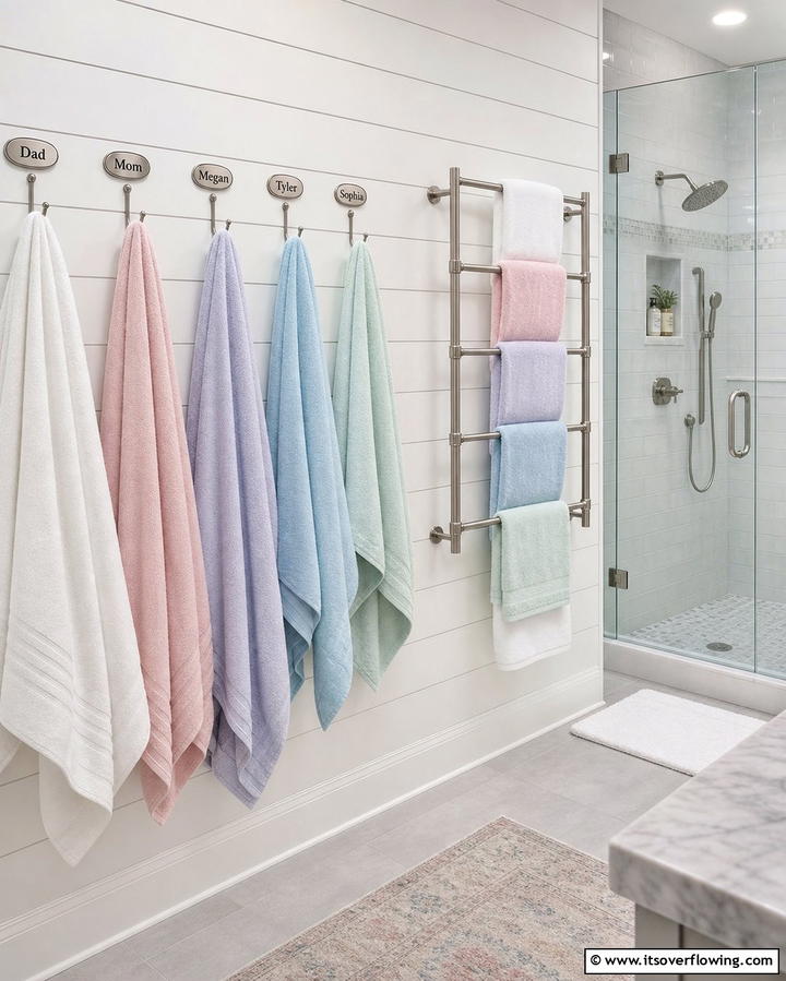 Install Hooks and Racks for Towel Organization - 25 Family Bathroom Ideas for Functional and Stylish Spaces