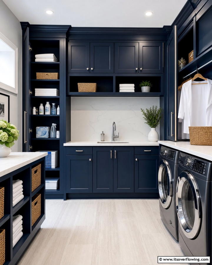 Install Navy Blue Storage Solutions - 25 Blue Laundry Room Ideas for a Fresh and Clean Look