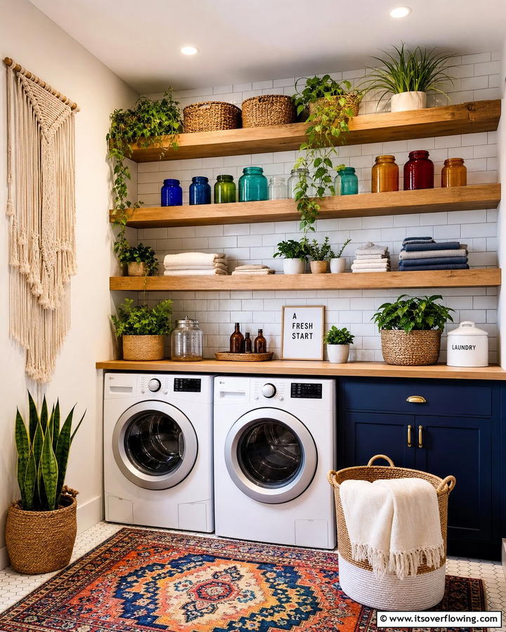 Install Open Shelving with Decorative Accents - 25 Boho Laundry Room Ideas for a Stylish and Functional Space