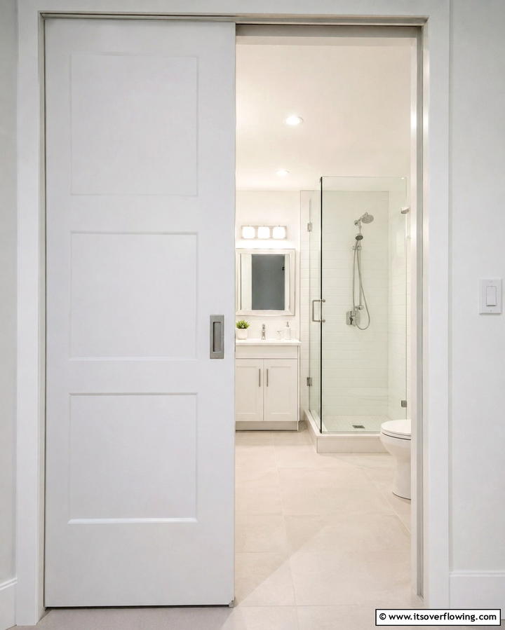 Install Pocket Doors - 30 Small White Bathroom Ideas to Brighten Compact Spaces