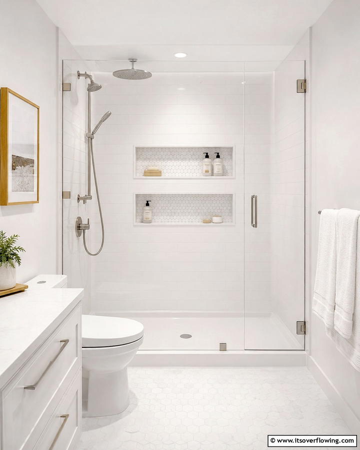 Install Recessed Niches - 30 Small White Bathroom Ideas to Brighten Compact Spaces
