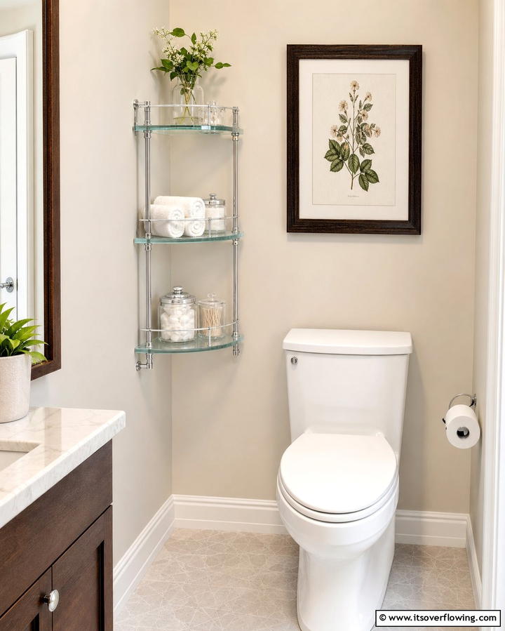 Install a Corner Shelf - 25 Guest Bathroom Ideas for a Welcoming Space