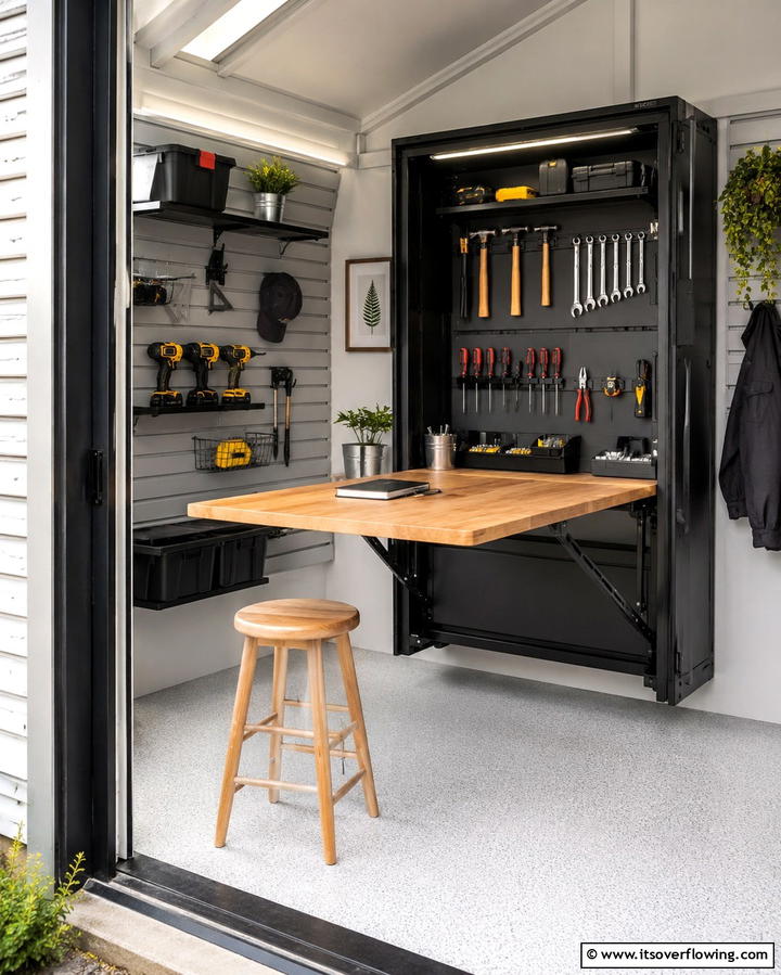 Install a Foldable Workbench - 25 Shed Organization Ideas to Declutter Your Outdoor Space