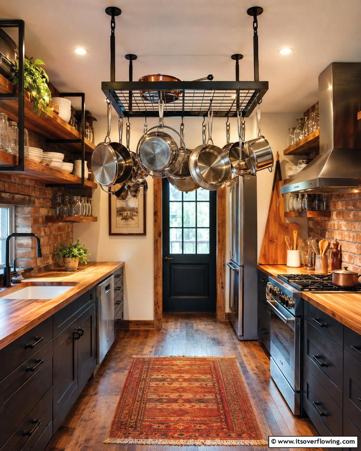 Install a Hanging Pot Rack - 25 Small Galley Kitchen Ideas on a Budget