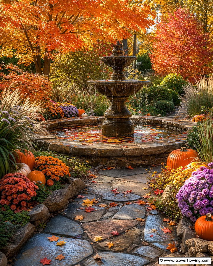 Install a Water Feature with Fall Accents - 25 Fall Garden Ideas to Beautify Your Outdoor Space