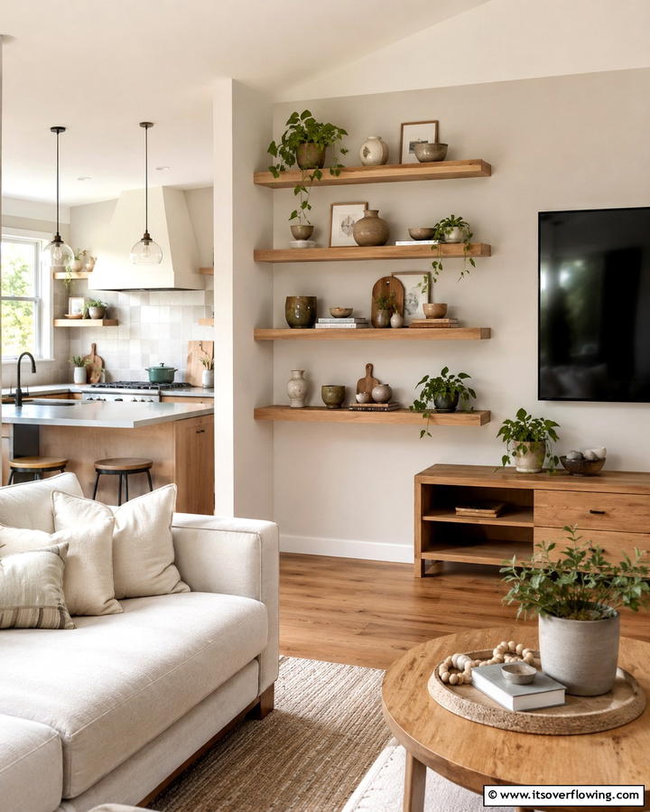 Installing Open Shelving - 25 Open Kitchen Living Room Ideas for a Spacious Feel