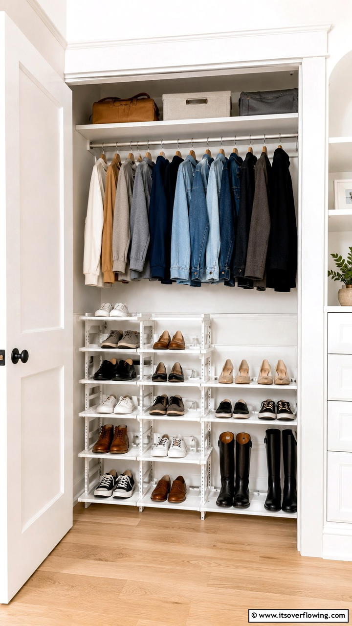 Installing an Adjustable Shoe Rack System - 30 Smart Hall Closet Organization Ideas for Maximized Space
