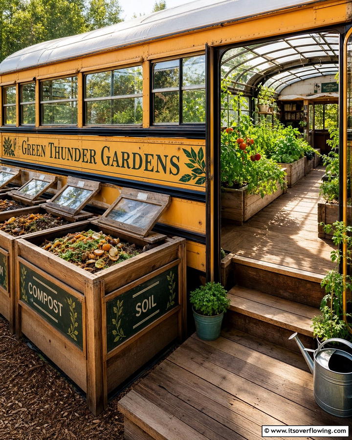 Integrate Composting Bins for Organic Fertilizer - 20 School Bus Greenhouse Ideas for Sustainable Living