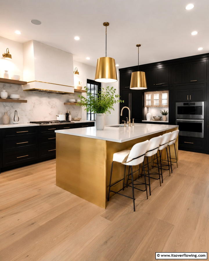 Integrated Gold Fixtures - 30 Luxe Black, White, and Gold Kitchen Ideas for Elegant Spaces