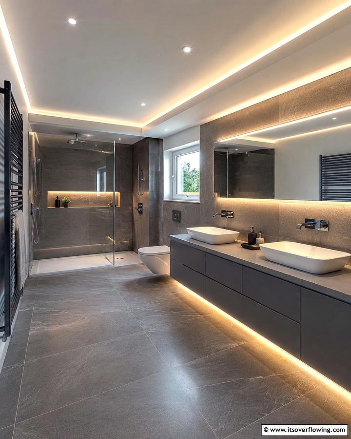 Integrated Lighting Effects - 30 Grey and White Bathroom Ideas for Modern Serenity