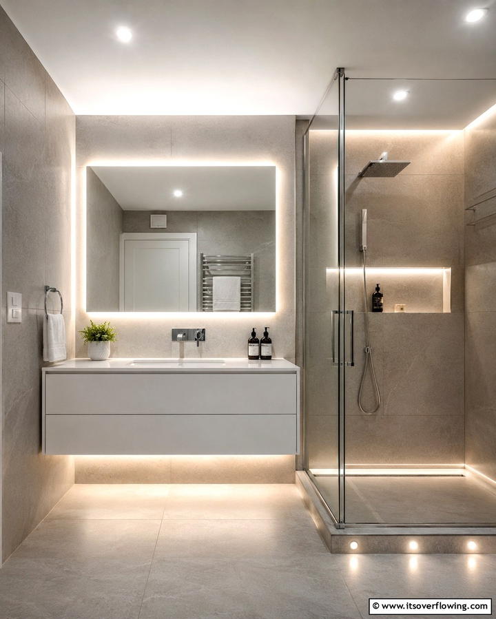 Integrated Lighting Fixtures - 30 Small Master Bathroom Ideas for Efficient Luxury