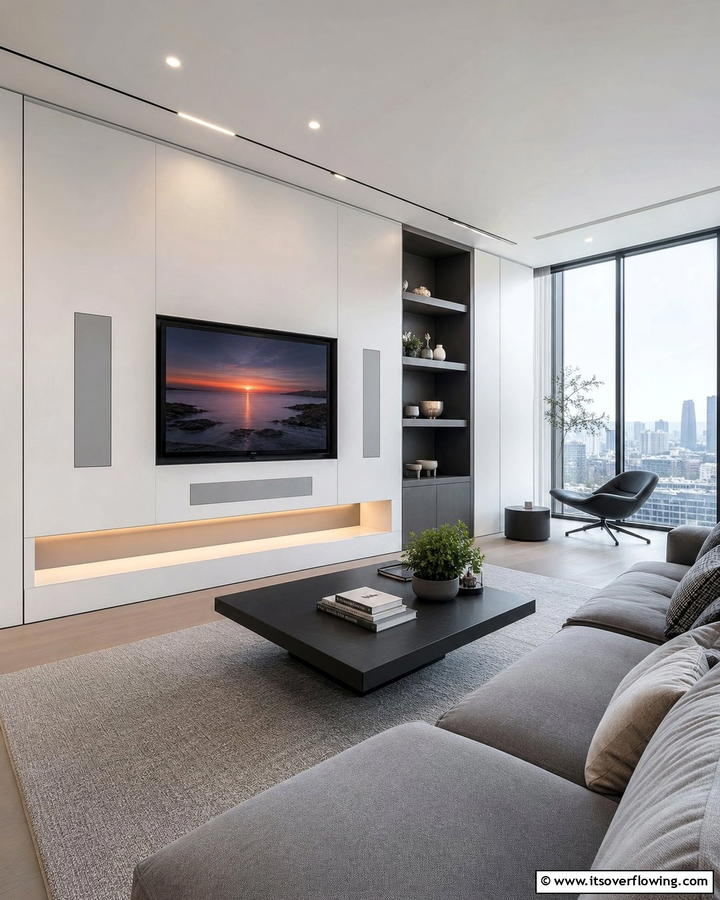 Integrated Minimalist Technology - 21 Minimalist Living Room Ideas to Simplify Your Space