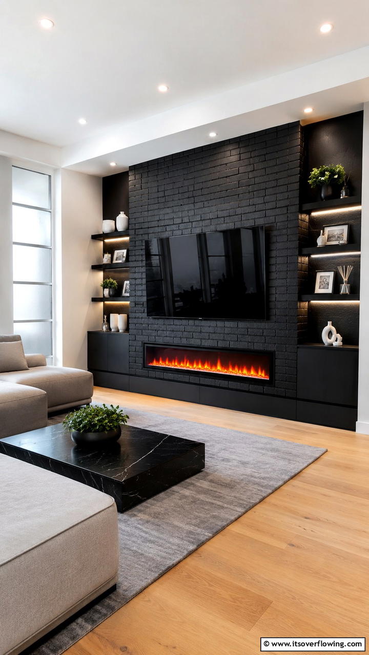 Integrated Modern Black Brick Fireplace - 30 Black Brick Fireplace Ideas for Dramatic Focal Points
