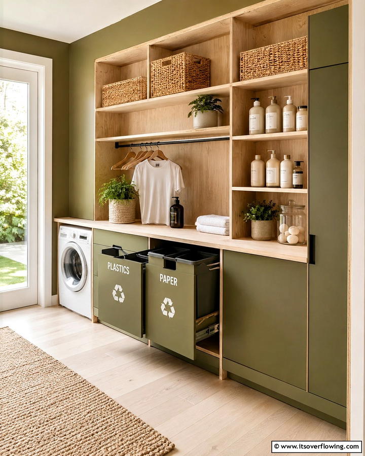 Integrated Recycling and Laundry Shelf System - 30 Laundry Room Shelf Ideas- Maximize Storage & Efficiency