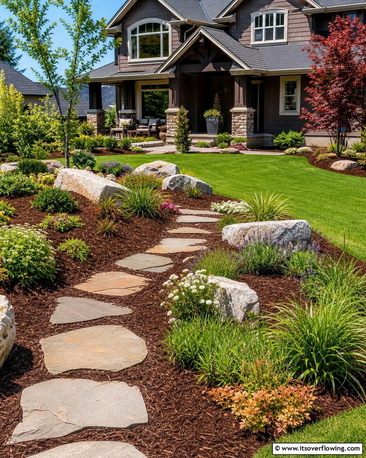 Integrated Rock and Mulch Features - 21 Front Yard Landscaping Ideas With Rocks and Mulch