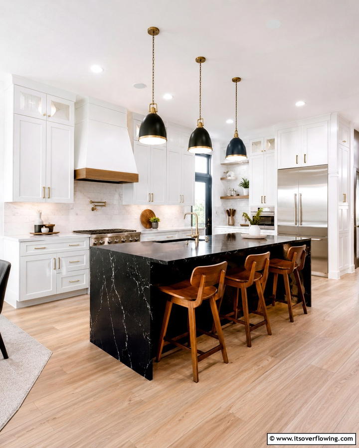 Integrated Seating Options - 20 White Kitchen Ideas With Black Island for Contrast